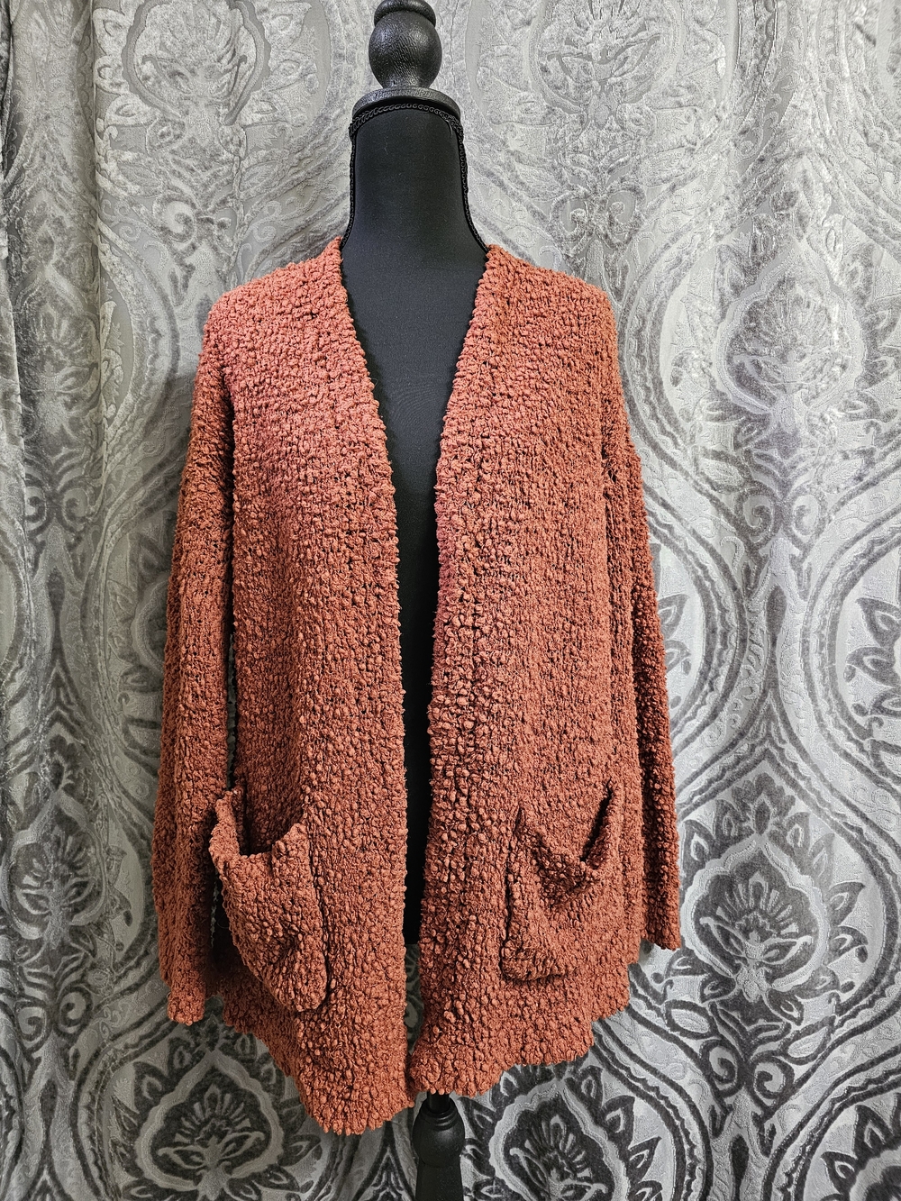 Rare "Moroccan Clay" Shade By Pink Rose Rust Popcorn Knit Open Cardigan